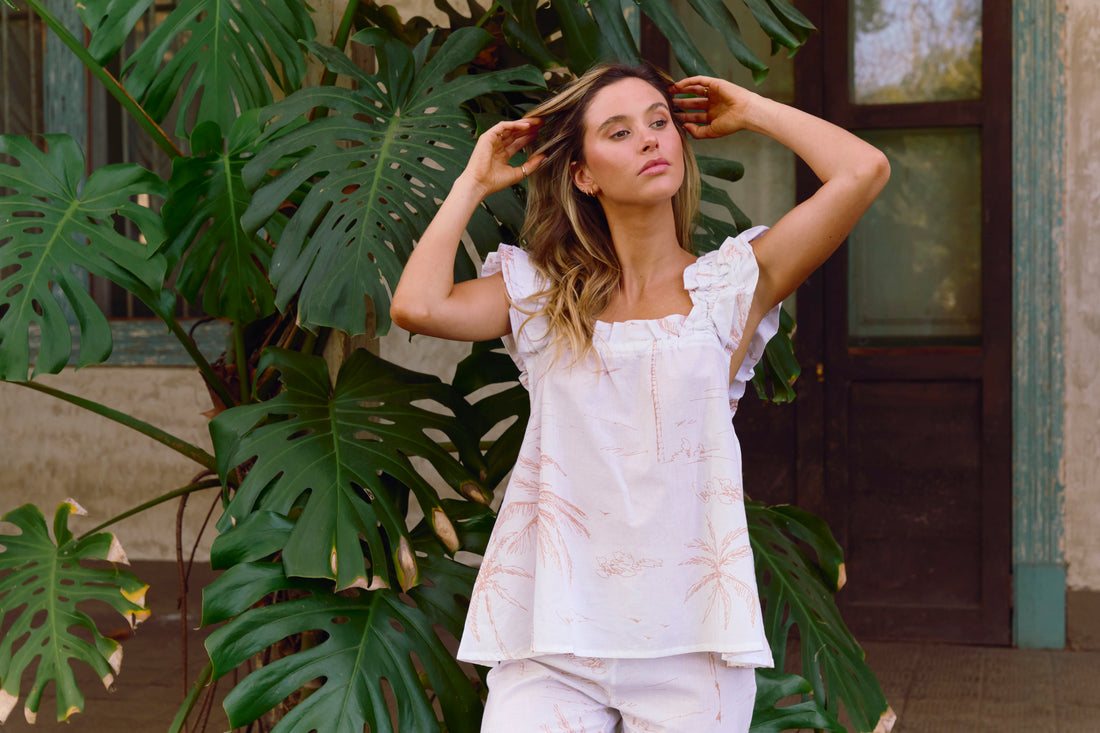 Set Pijama Largo Santorini White Palms