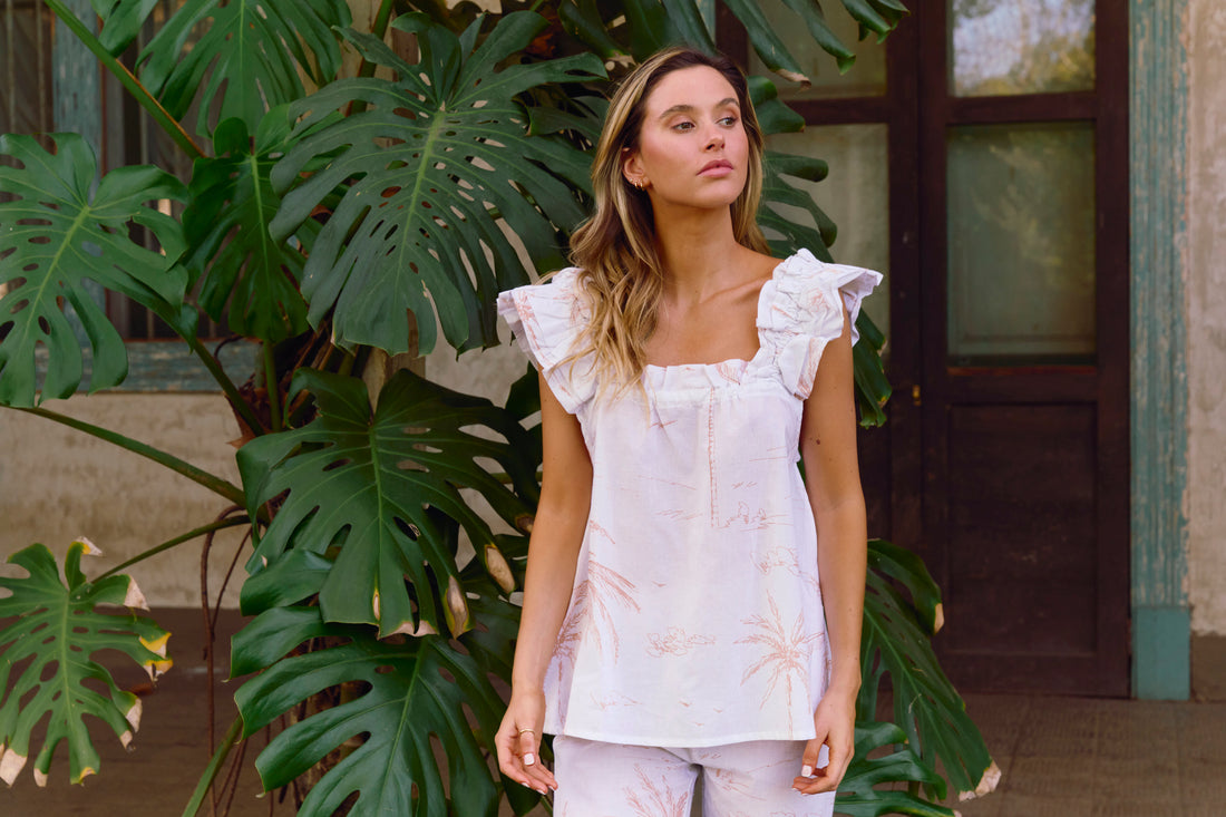 Set Pijama Largo Santorini White Palms