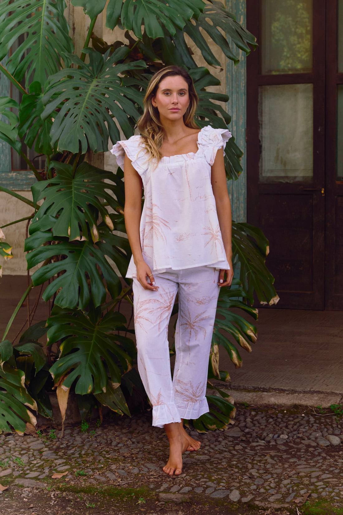 Set Pijama Largo Santorini White Palms